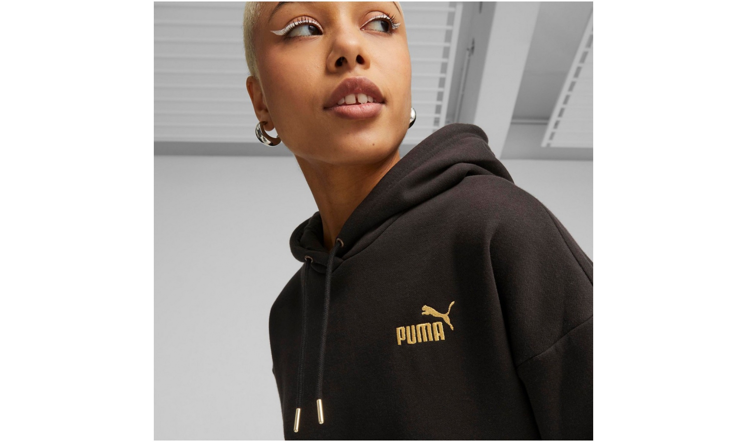 Womens leisure sweatshirt Puma black ESS+ HOODIE W | AD MINIMAL GOLD
